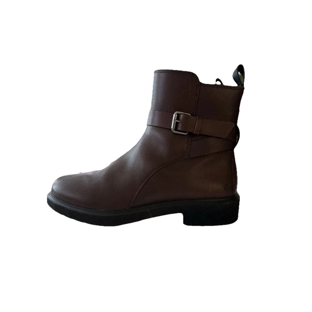 ECCO Amsterdam Buckle Ankle Boot Brown Leather Size 8-8.5 Moto Womens Round Toe